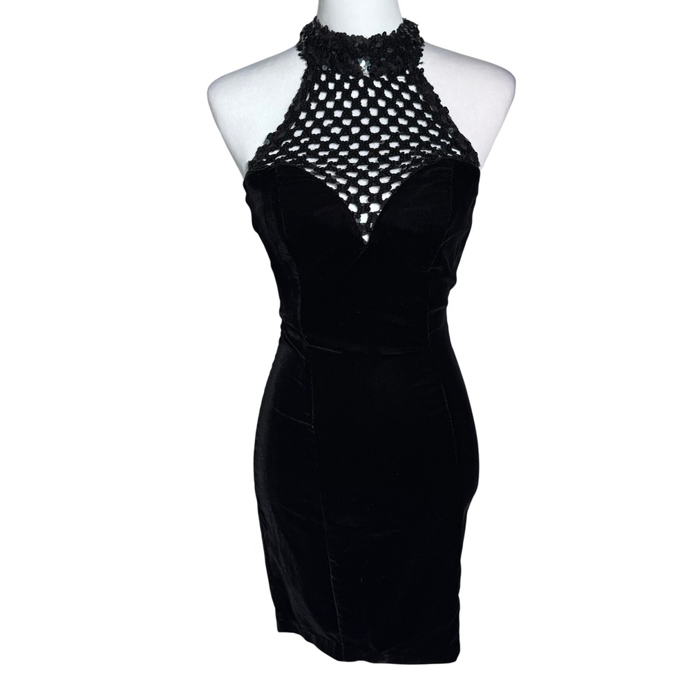 CLIMAX Women 6 Vintage 90's Karen Okada Black Velvet Sequin Cut Out Halter Dress